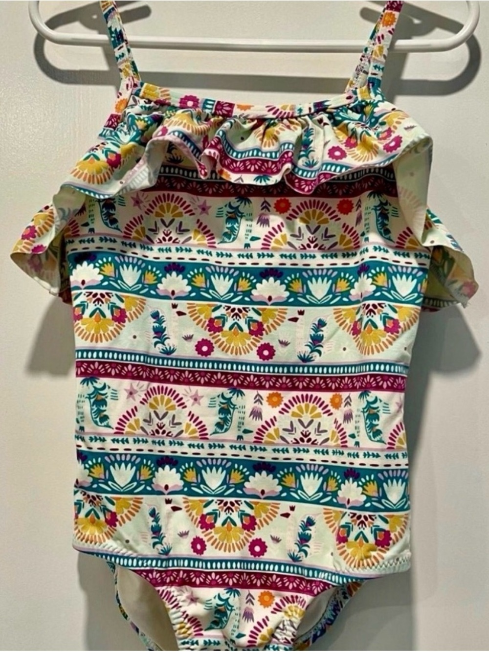 Garnet Hill Girls Floral Stripe Ruffle One-Piece Swimsuit - White Multi Size 6